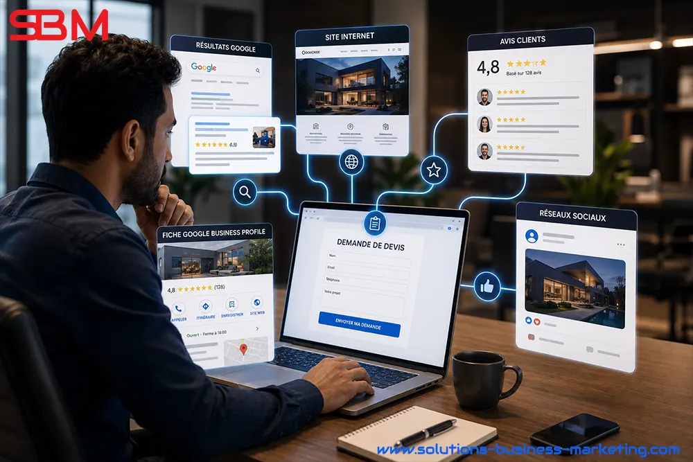 Parcours numérique d'un prospect découvrant une entreprise avant de prendre contact.