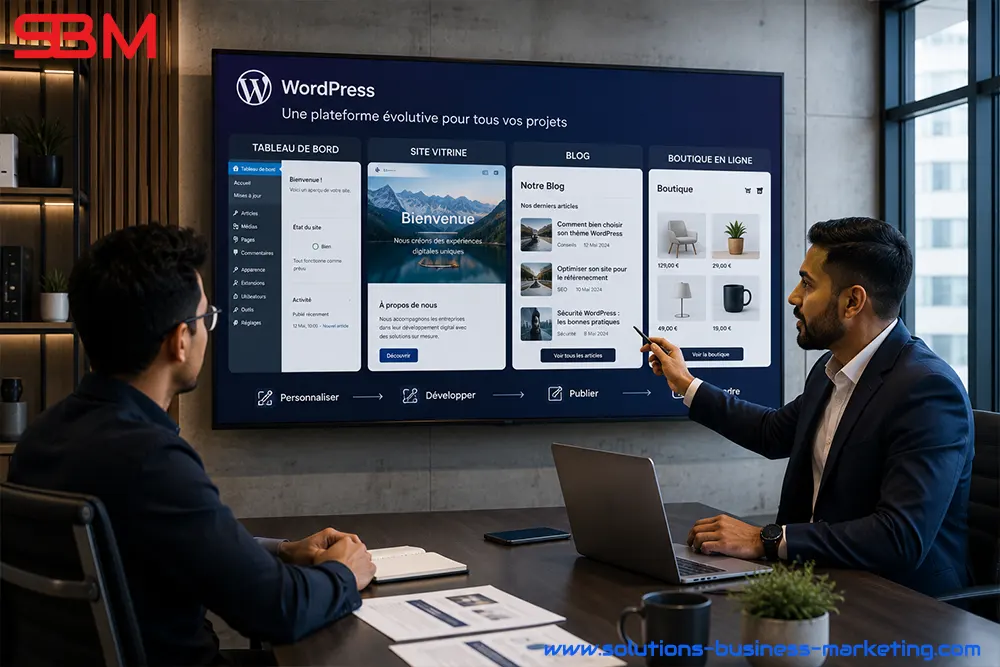 Consultant présentant WordPress comme solution de création de site internet professionnel.