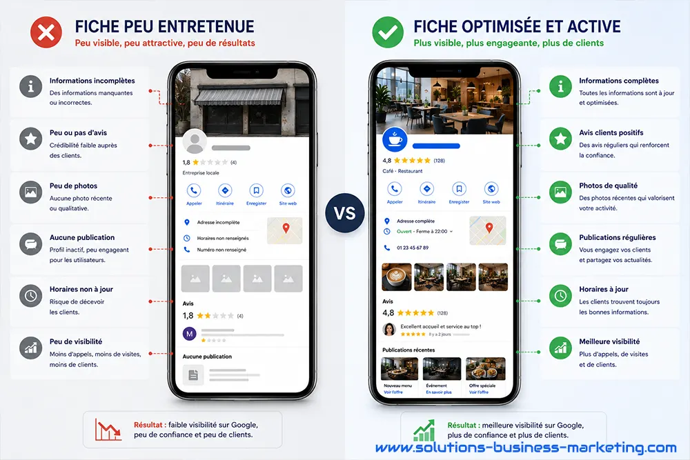 comparatif-fiche-google-business Comparaison entre une fiche Google Business Profile peu entretenue et une fiche régulièrement optimisée.