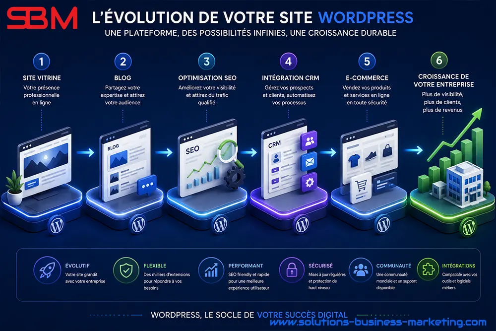 evolution-site-wordpress Schéma représentant l'évolution d'une stratégie d'acquisition combinant Google Ads et SEO