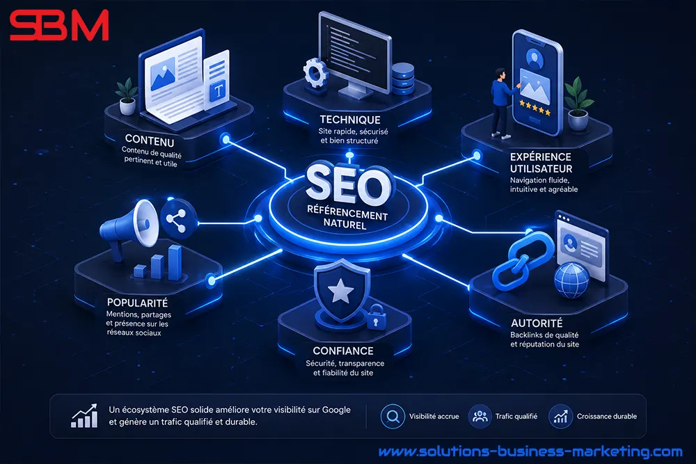 strategie-seo-globale Représentation de l'écosystème du référencement naturel montrant les interactions entre le contenu, la technique, l'expérience utilisateur et la popularité.