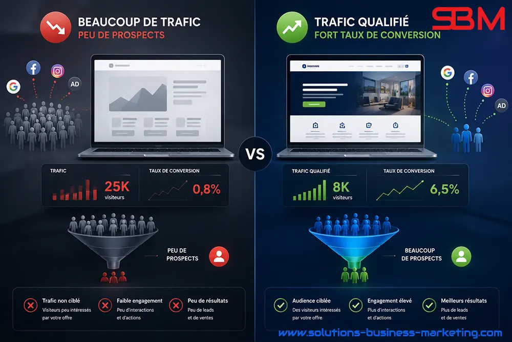 trafic-vs-prospects-qualifies Comparaison entre un trafic important et un trafic qualifié générant davantage de prospects.