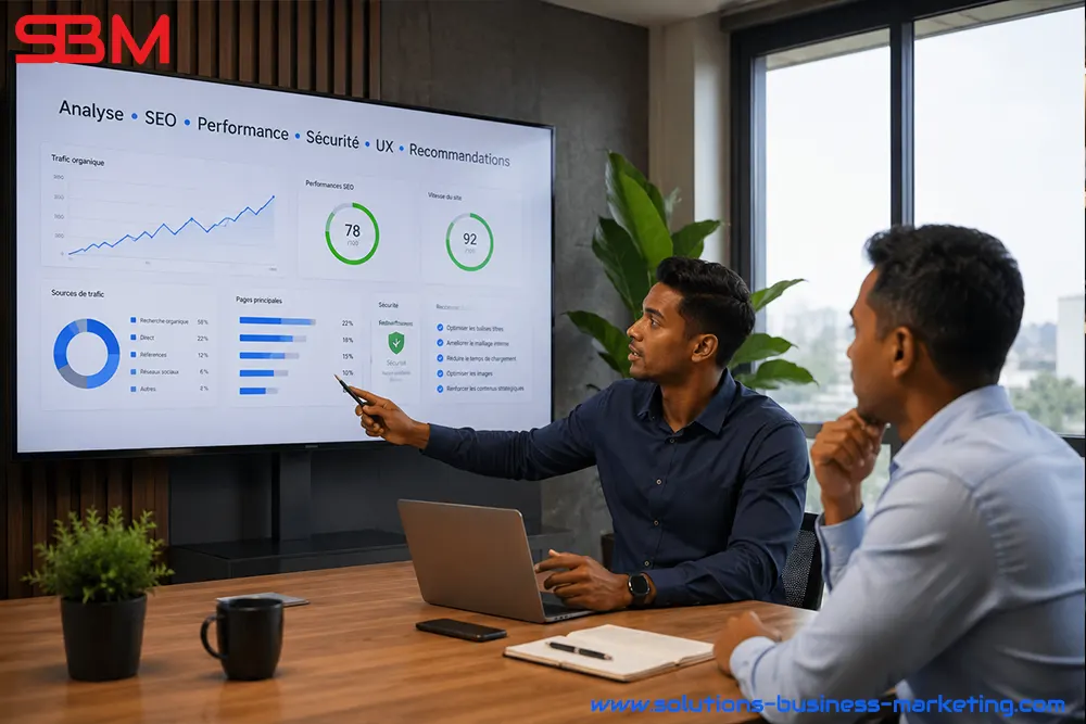 Consultant présentant les résultats d'un audit complet de site internet. Consultant présentant les résultats d'un audit complet de site internet.