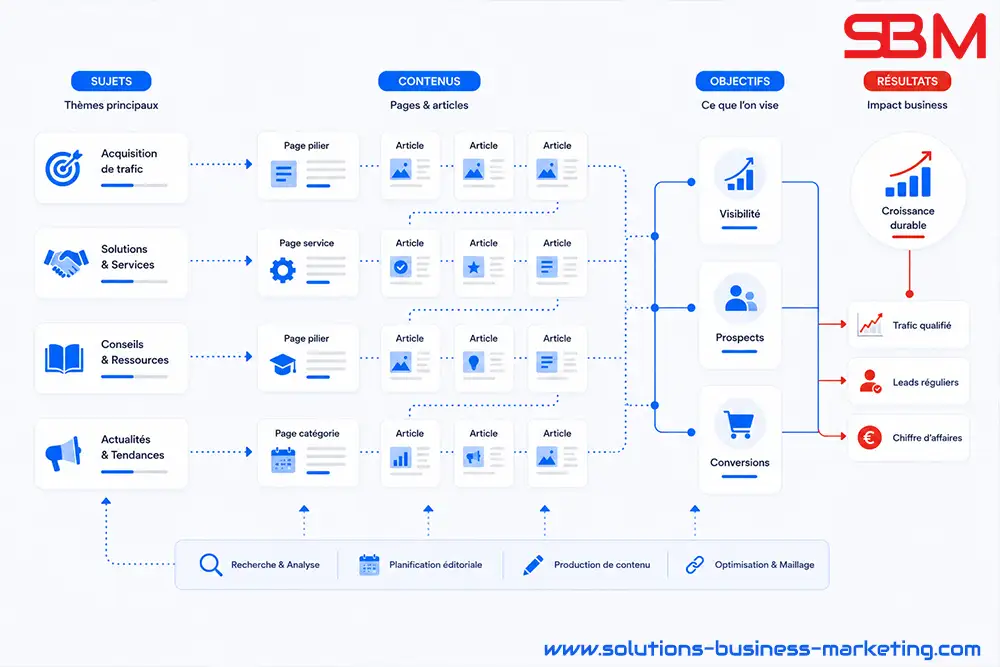 Illustration d'une stratégie de contenu SEO organisée autour de thèmes et d'objectifs Illustration d'une stratégie de contenu SEO organisée autour de thèmes et d'objectifs